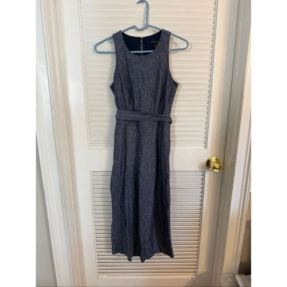 Banana Republic Women's Linen Blend Belted Sleeveless Wide Leg Jumpsuit Blue 00P